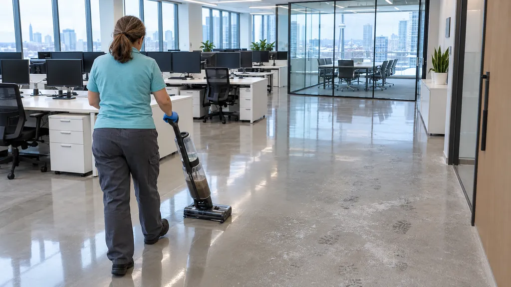 Cleaner washing an office floor with a wet floor-washing vacuum, winter salt footprints still ahead