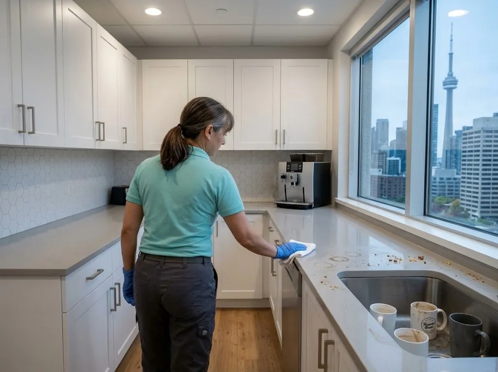 Cleaner wiping the counter of an office kitchen with a view of the CN Tower, used mugs still in the sink