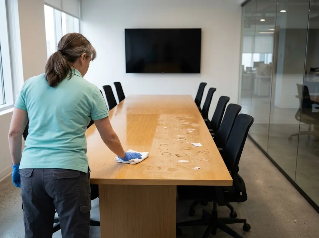 Cleaner wiping a meeting-room table, spotless glass wall on the right