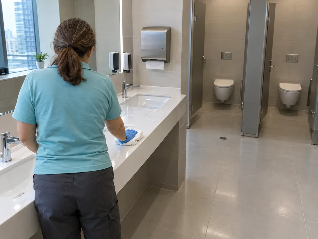 Cleaner wiping the sink counter in an office washroom